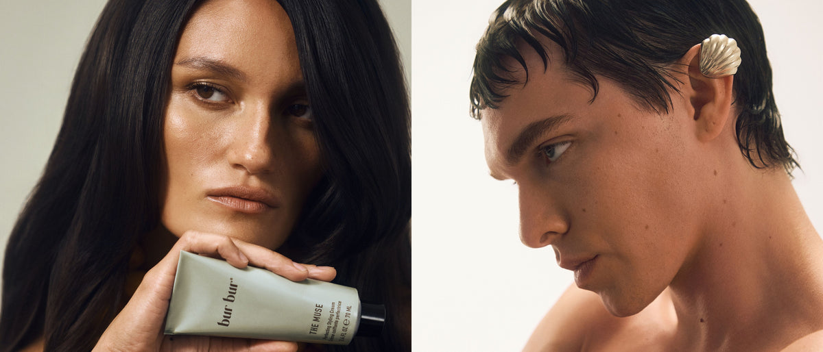 A split photograph of two close-up portraits. On the left, a woman with long, dark brown hair holding The Muse. On the right, a man with dark hair wearing a silver seashell in his ear, set against a plain light background. 